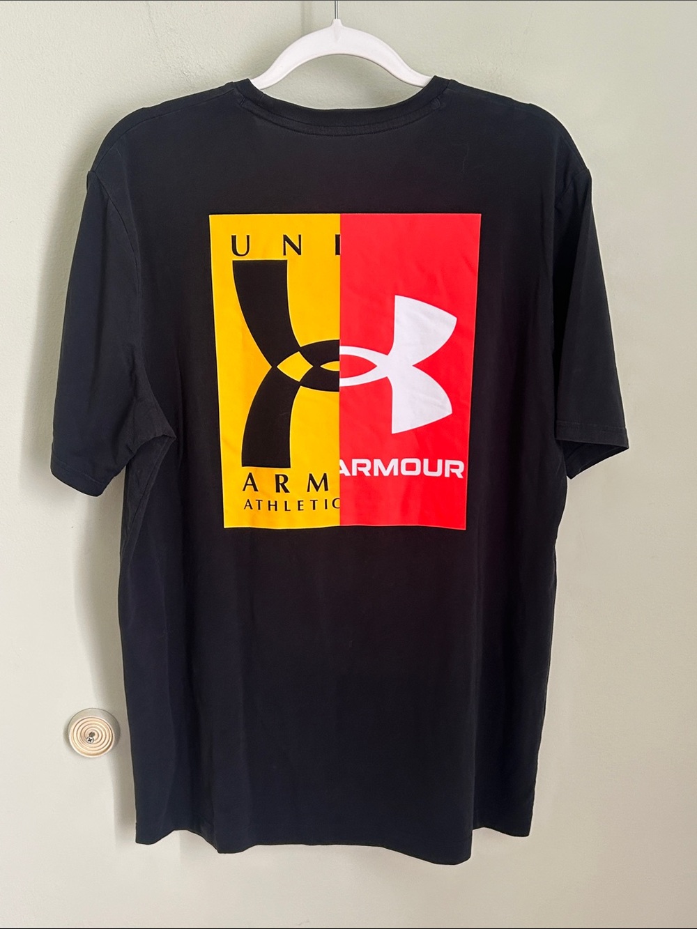 Under Armour Black Short-Sleeve Tee with Red and Yellow Logo Accents